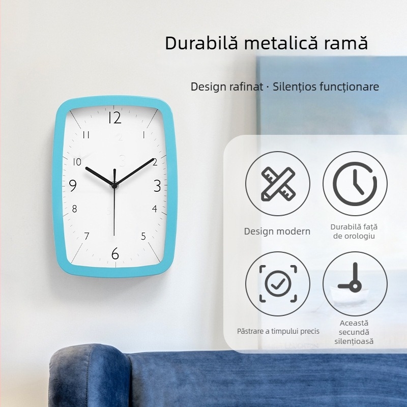 Ceas de perete MX613BL-6168S — dreptunghiular, mișcare sweep a secundelor, carcasă metalică, cadran din hârtie acoperită, alimentat cu baterie