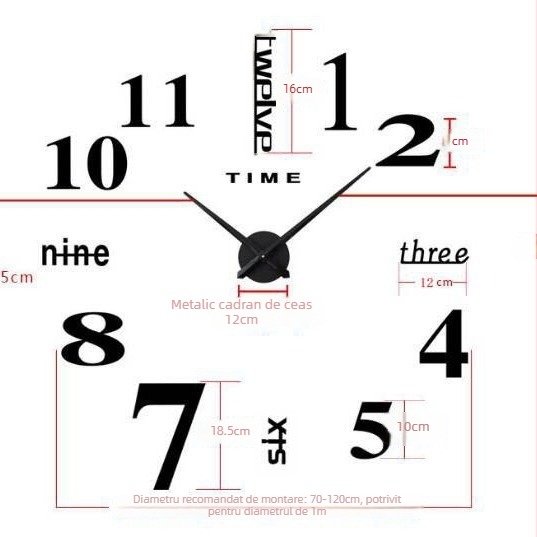 Ceas de perete Big 102 – miscare cu cuplu înalt, afișaj cu ace + cifre, alimentat cu baterii, carcasă metalică, sticlă acrilică