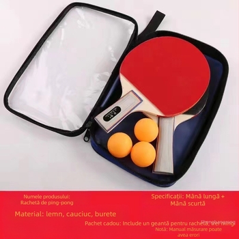 Rachetă de tenis de masă, mâner lung, set de 2 piese, bază din fibră de carbon, gumă cu dinți, priză tip penhold