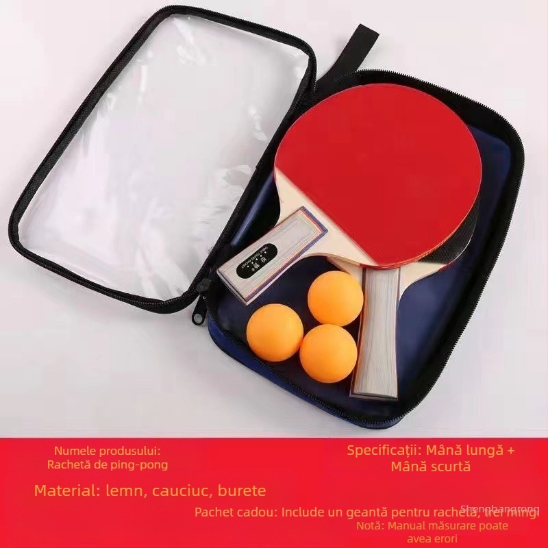 Rachetă de tenis de masă, mâner lung, set de 2 piese, bază din fibră de carbon, gumă cu dinți, priză tip penhold