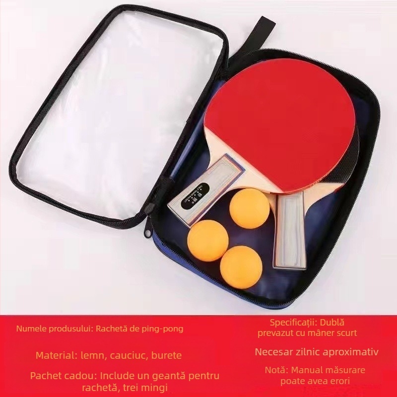 Rachetă de tenis de masă, mâner lung, set de 2 piese, bază din fibră de carbon, gumă cu dinți, priză tip penhold