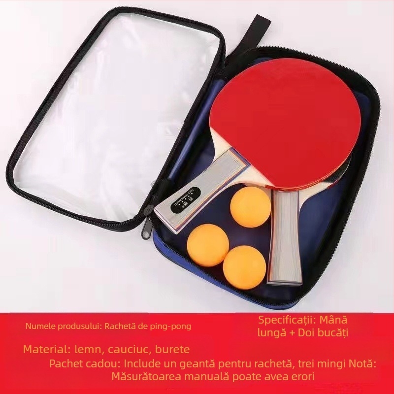 Rachetă de tenis de masă, mâner lung, set de 2 piese, bază din fibră de carbon, gumă cu dinți, priză tip penhold