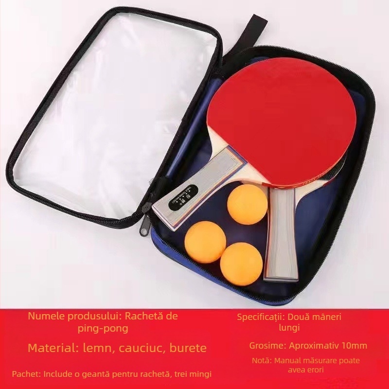 Rachetă de tenis de masă, mâner lung, set de 2 piese, bază din fibră de carbon, gumă cu dinți, priză tip penhold
