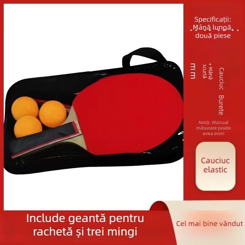 Rachetă de tenis de masă, mâner lung, set de 2 piese, bază din fibră de carbon, gumă cu dinți, priză tip penhold