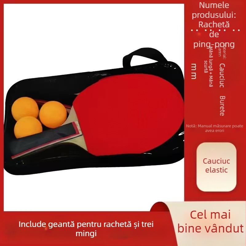 Rachetă de tenis de masă, mâner lung, set de 2 piese, bază din fibră de carbon, gumă cu dinți, priză tip penhold