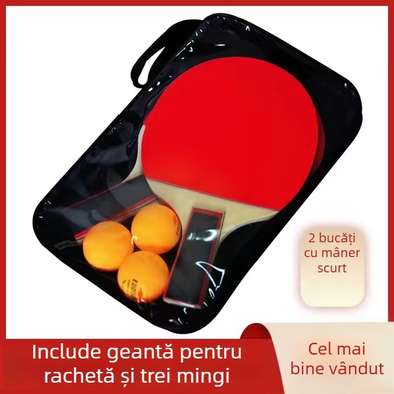 Rachetă de tenis de masă, mâner lung, set de 2 piese, bază din fibră de carbon, gumă cu dinți, priză tip penhold