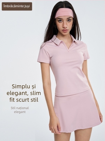 Set sport feminin: top polo cu mâneci scurte cu guler și fustă de tenis pentru yoga — uscare rapidă, absorbție a umezelii, nylon + spandex (80/20), stil pulover