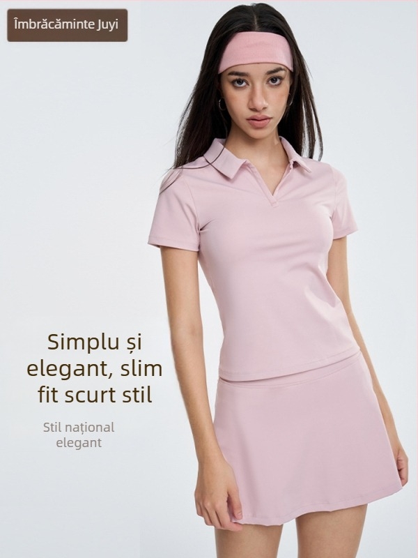 Set sport feminin: top polo cu mâneci scurte cu guler și fustă de tenis pentru yoga — uscare rapidă, absorbție a umezelii, nylon + spandex (80/20), stil pulover