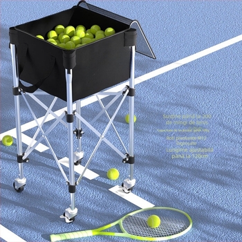 Carucior portabil pentru tenis – inaltime reglabila, roti universale, otel inoxidabil, capacitate mare