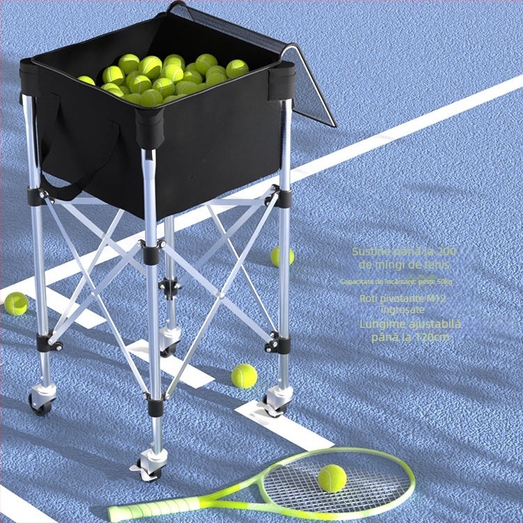 Carucior portabil pentru tenis – inaltime reglabila, roti universale, otel inoxidabil, capacitate mare