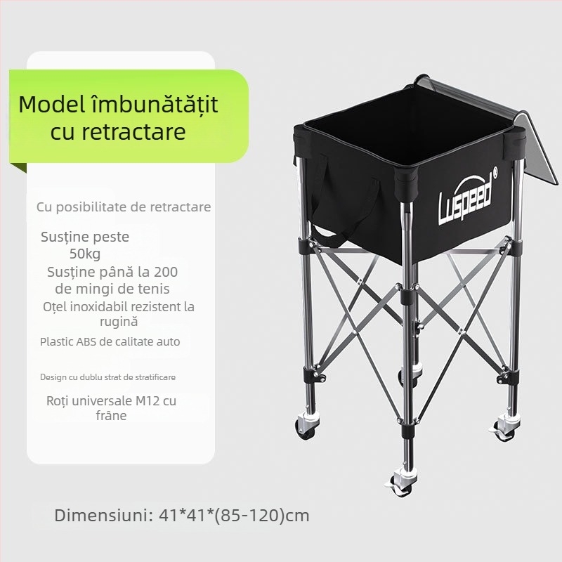 Carucior portabil pentru tenis – inaltime reglabila, roti universale, otel inoxidabil, capacitate mare