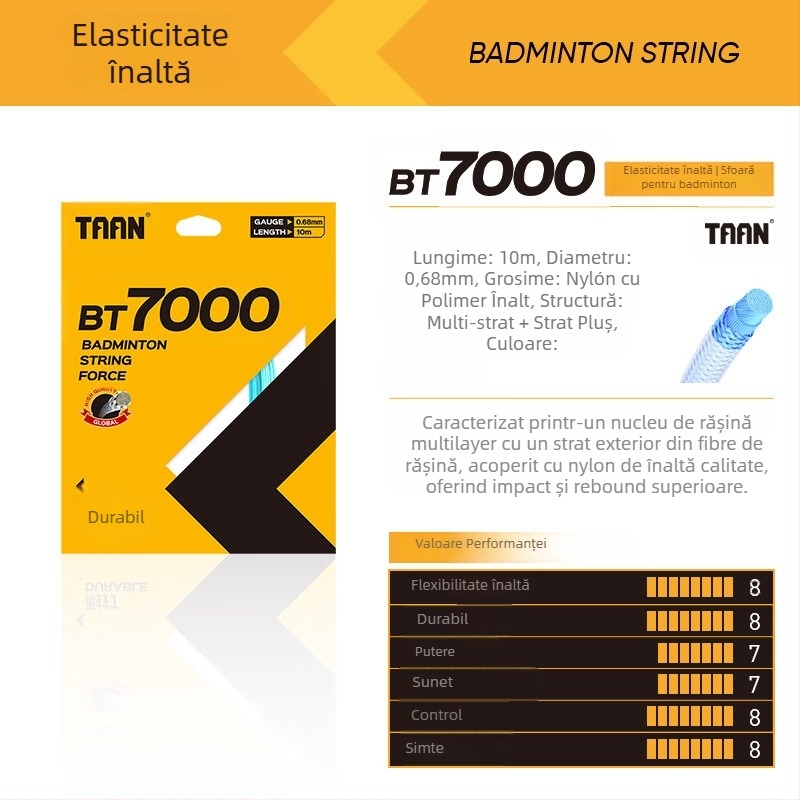 BT7000 fir badminton – înaltă elasticitate, diametru 0,68 mm, absorbție a vibrațiilor