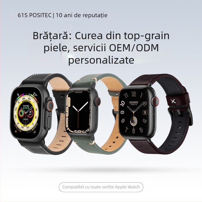 61S Curea din piele adevărată pentru Apple Watch, 22 mm, compatibilă cu S11, S10, S9, Ultra3/2