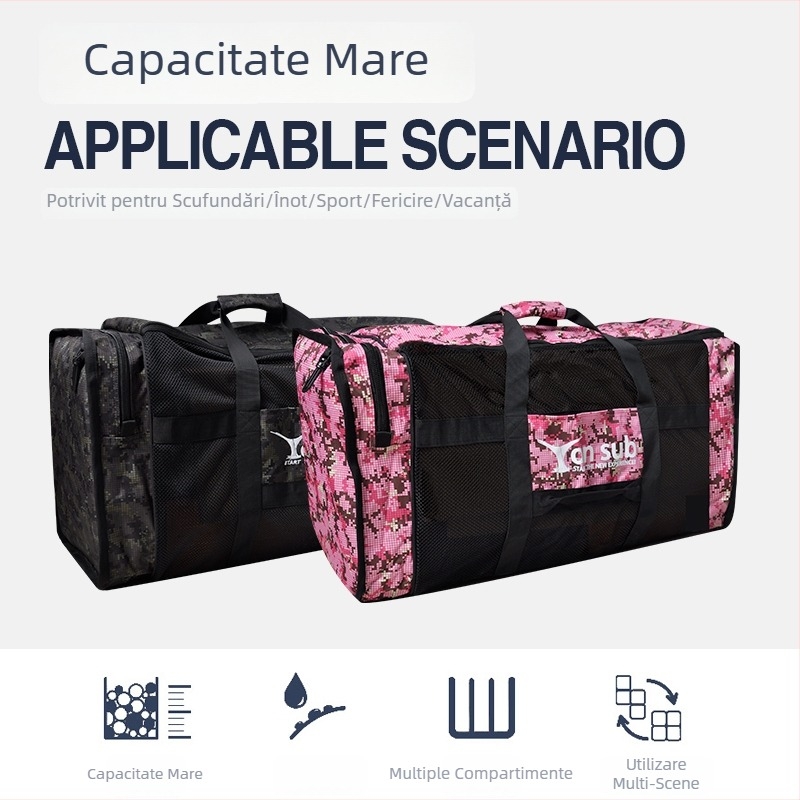 Geantă pentru echipament de scufundări, cu compartimente mari din plasă, ușor de purtat în mână
