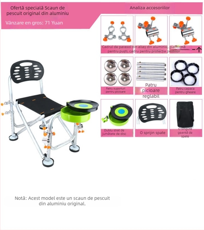 Scaun de pescuit din aliaj de aluminiu, pliabil, înălțime reglabilă, multifuncțional (aliaj de aluminiu; pliabil; înălțime reglabilă)