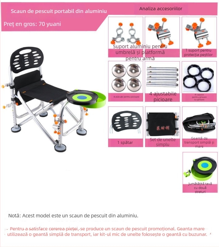 Scaun de pescuit din aliaj de aluminiu, pliabil, înălțime reglabilă, multifuncțional (aliaj de aluminiu; pliabil; înălțime reglabilă)