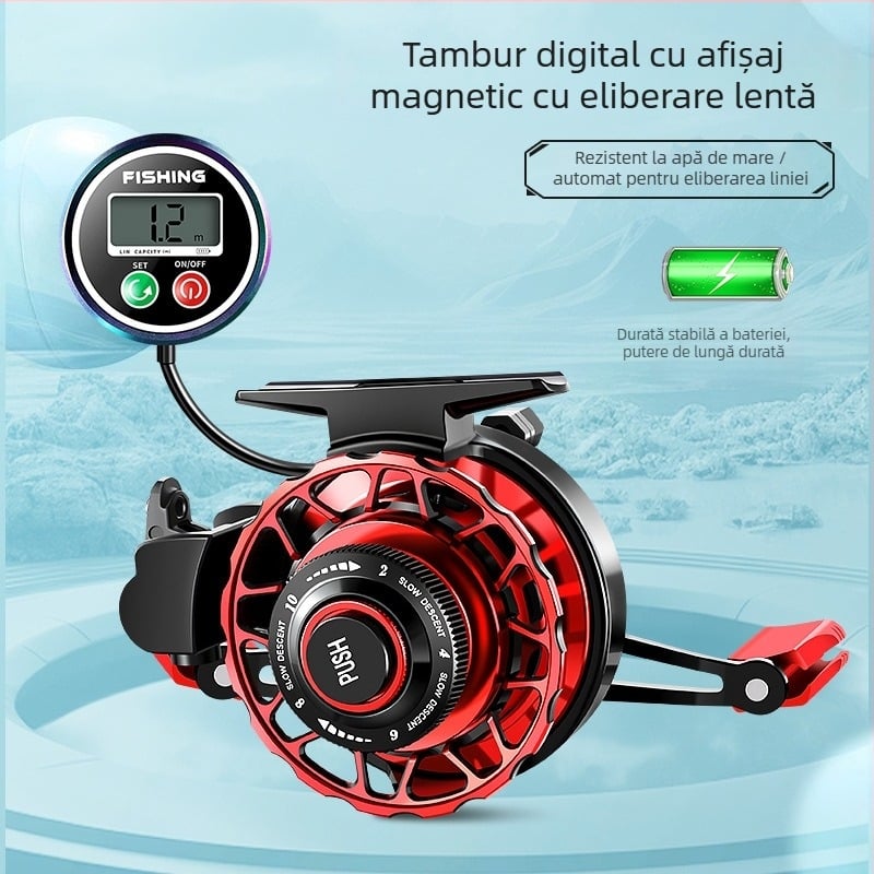 Mulină de pescuit cu afișaj digital, construcție din metal, raport de transmisie înalt și înfășurare automată a liniei