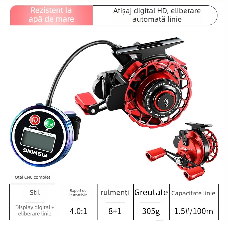 Mulină de pescuit cu afișaj digital, construcție din metal, raport de transmisie înalt și înfășurare automată a liniei