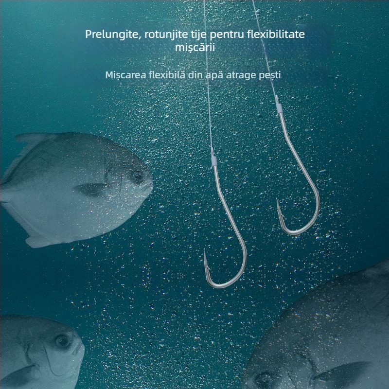 Cârlig de pomfret cu mâner lung, cu două cârlige, linie PE legată, material nichel