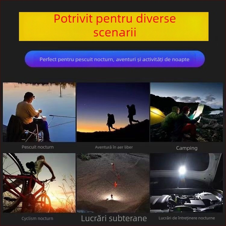 Frontala LED, USB reîncărcabilă, 5V, montare pe cap, distanța de iluminare ≥500 m, autonomie 8 h, potrivită pentru pescuit noaptea și drumeții