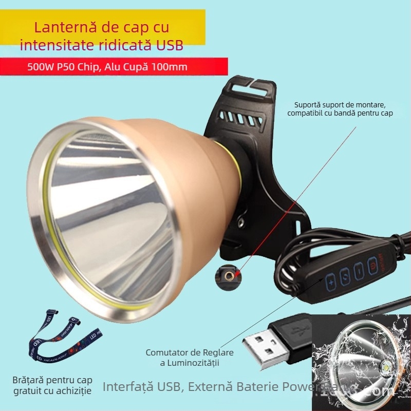 Frontala LED, USB reîncărcabilă, 5V, montare pe cap, distanța de iluminare ≥500 m, autonomie 8 h, potrivită pentru pescuit noaptea și drumeții