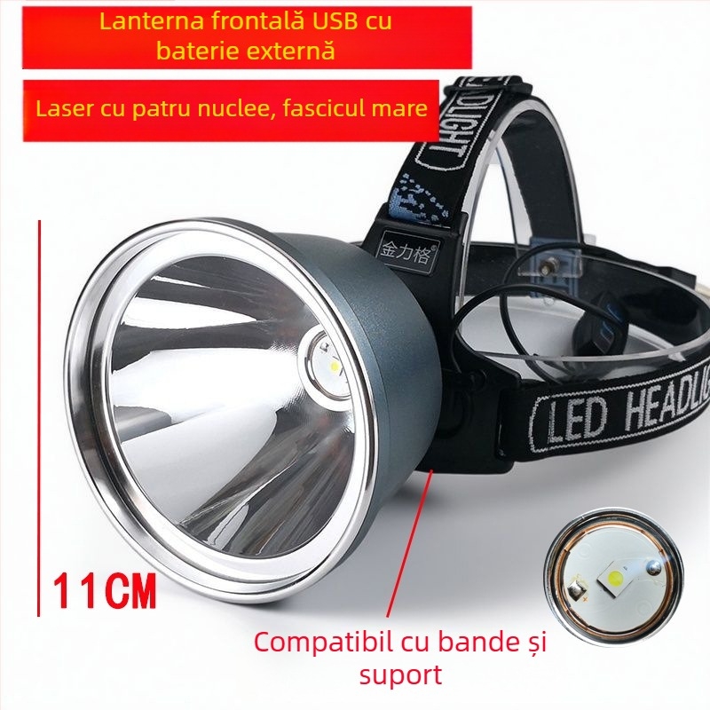 Frontala LED, USB reîncărcabilă, 5V, montare pe cap, distanța de iluminare ≥500 m, autonomie 8 h, potrivită pentru pescuit noaptea și drumeții