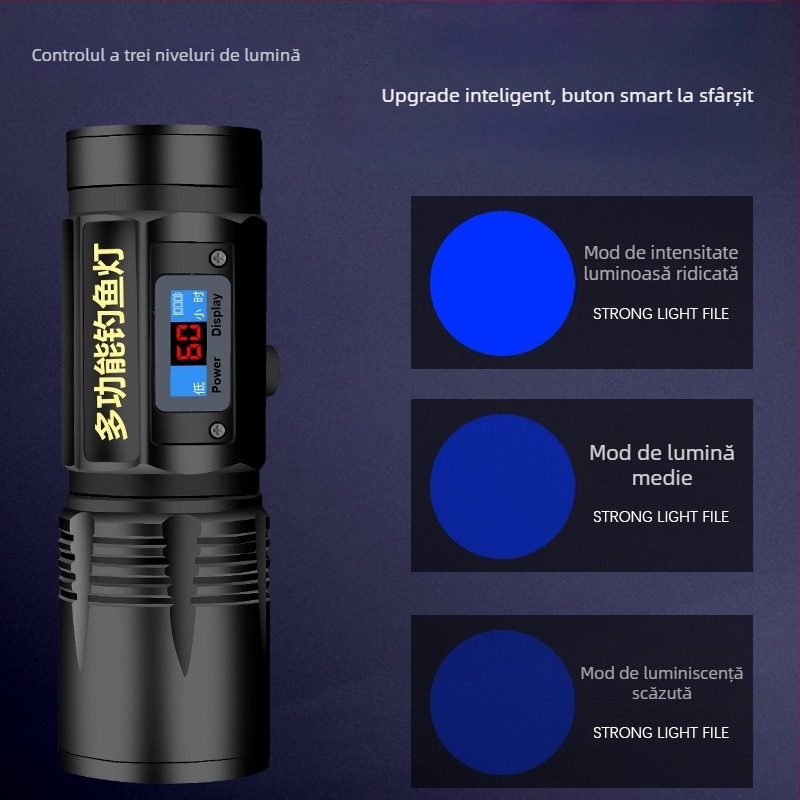 Lampă LED pentru pescuit de noapte, reîncărcabilă, rotativă 360°, baterie 5000 mAh, rază 100–200 m, alimentare prin manivelă