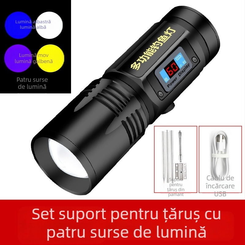 Lampă LED pentru pescuit de noapte, reîncărcabilă, rotativă 360°, baterie 5000 mAh, rază 100–200 m, alimentare prin manivelă