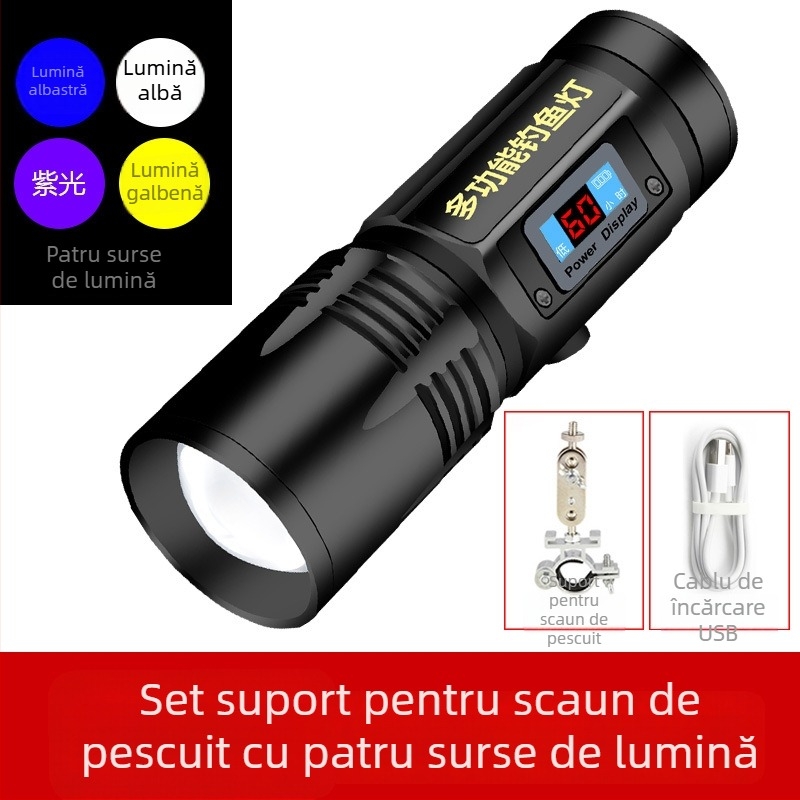 Lampă LED pentru pescuit de noapte, reîncărcabilă, rotativă 360°, baterie 5000 mAh, rază 100–200 m, alimentare prin manivelă