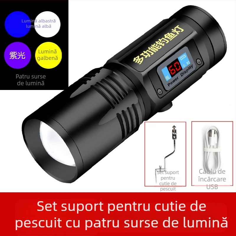Lampă LED pentru pescuit de noapte, reîncărcabilă, rotativă 360°, baterie 5000 mAh, rază 100–200 m, alimentare prin manivelă
