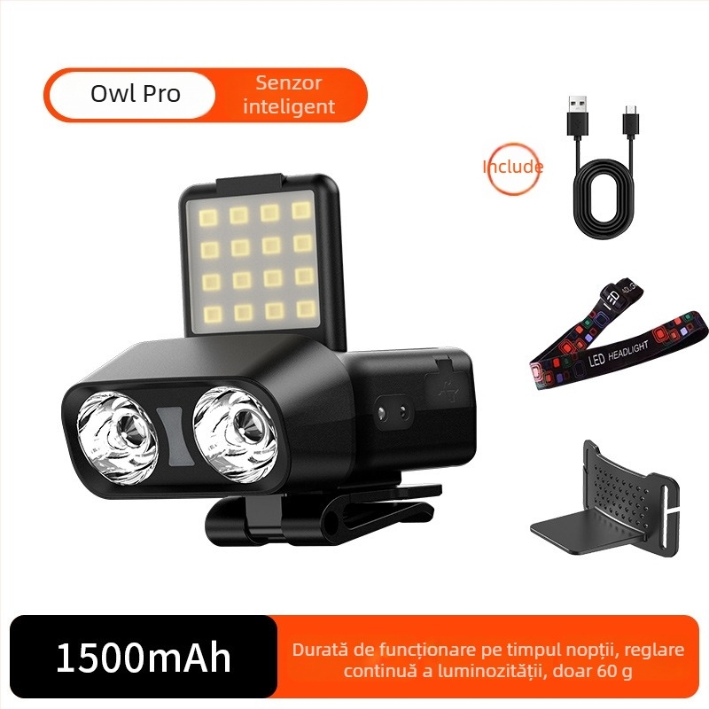 Lampa frontală LED 10W, 1500mAh, reîncărcabilă, rază 100–200 m pentru pescuit de noapte