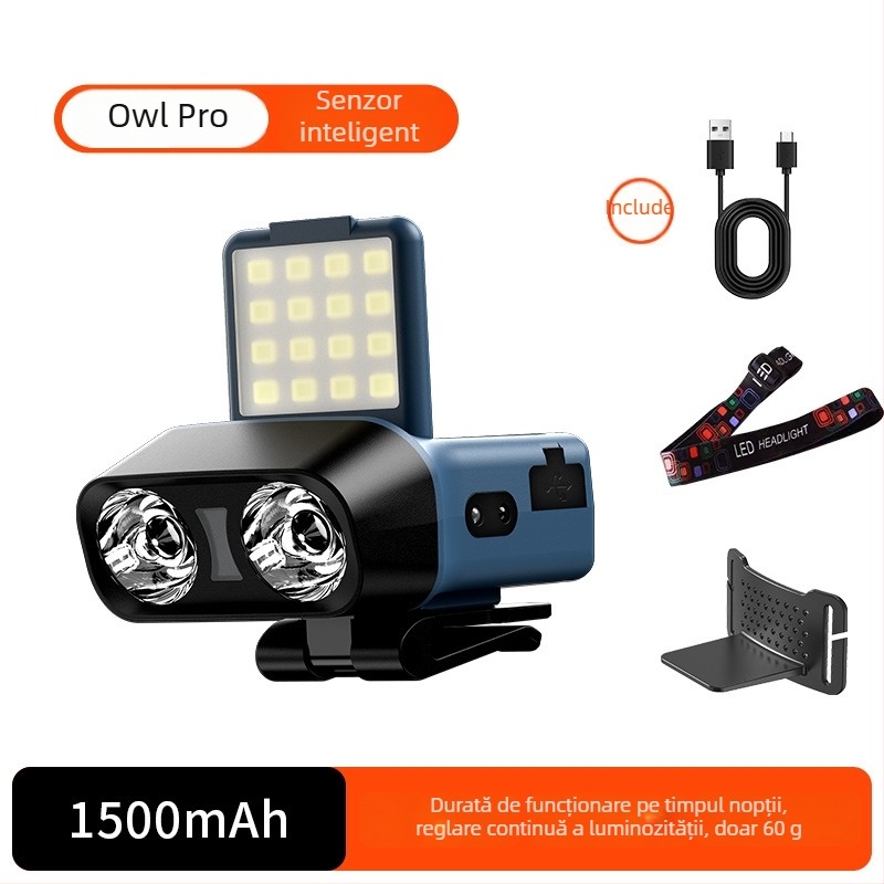 Lampa frontală LED 10W, 1500mAh, reîncărcabilă, rază 100–200 m pentru pescuit de noapte