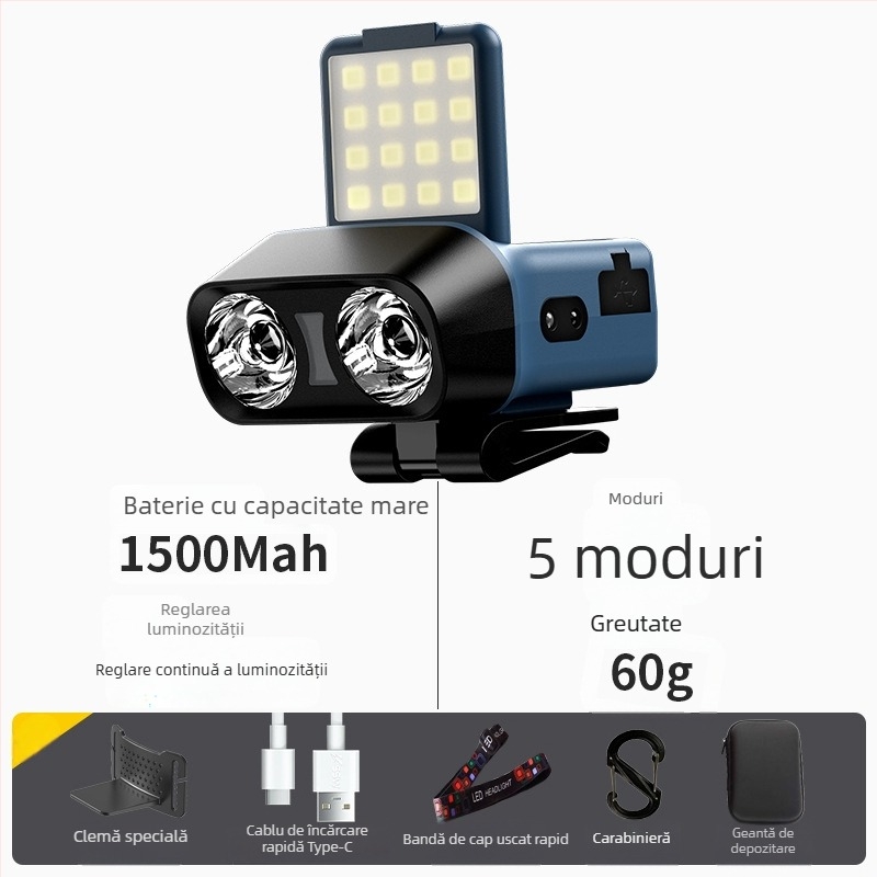 Lampa frontală LED 10W, 1500mAh, reîncărcabilă, rază 100–200 m pentru pescuit de noapte