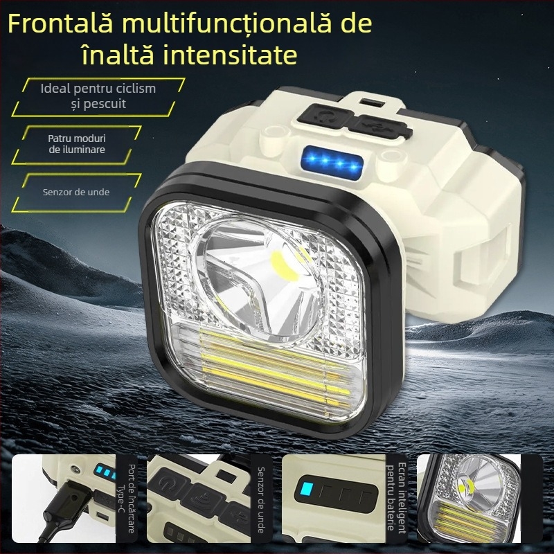 Lanternă frontală cu senzor, baterie 1200mAh, LED + bec, lanternă pentru bicicletă, drumeții în aer liber și pescuit noaptea, rază 50–100 m
