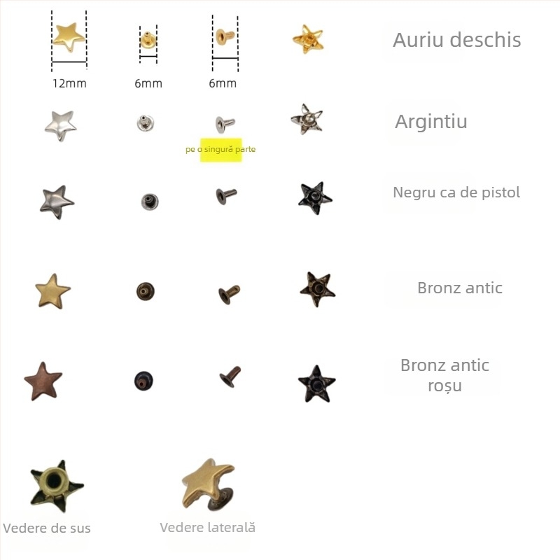 Set de accesorii metalice pentru piele: nituri cu design stea și pentagramă; nit gol; accesorii pentru butoane nit