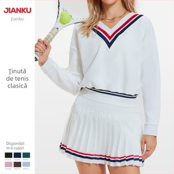 Set sportiv pentru femei cu mâneci lungi, polo cu decolteu în V, uscare rapidă, nylon-spandex 80/20