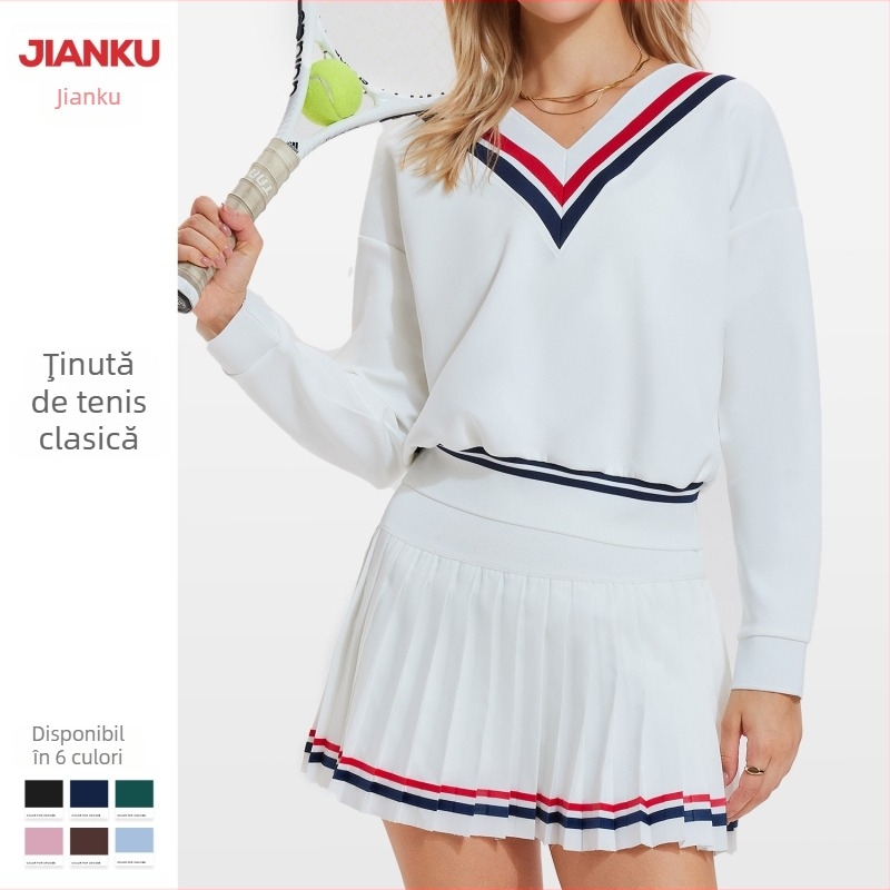 Set sportiv pentru femei cu mâneci lungi, polo cu decolteu în V, uscare rapidă, nylon-spandex 80/20