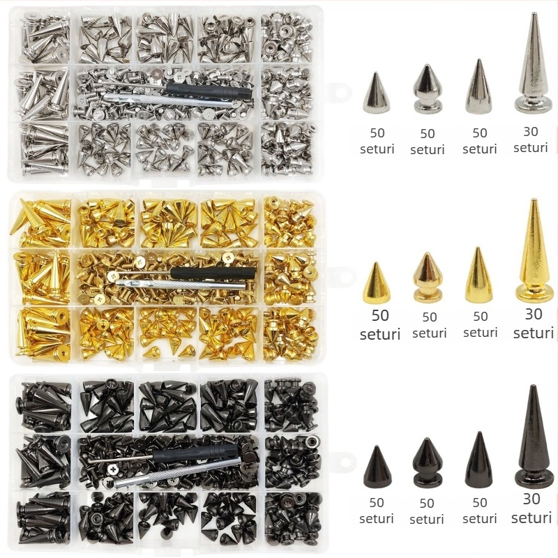 Set de nituri metalice pentru piele — cap bullet, conic, nituri decorative punk pentru paltoane, blugi, pălării, curele și genți (Huafei)