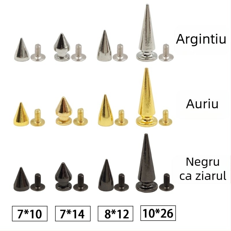 Set de nituri metalice pentru piele — cap bullet, conic, nituri decorative punk pentru paltoane, blugi, pălării, curele și genți (Huafei)