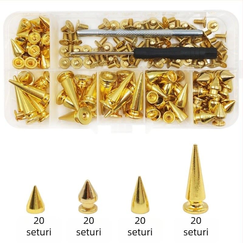 Set de nituri metalice pentru piele — cap bullet, conic, nituri decorative punk pentru paltoane, blugi, pălării, curele și genți (Huafei)