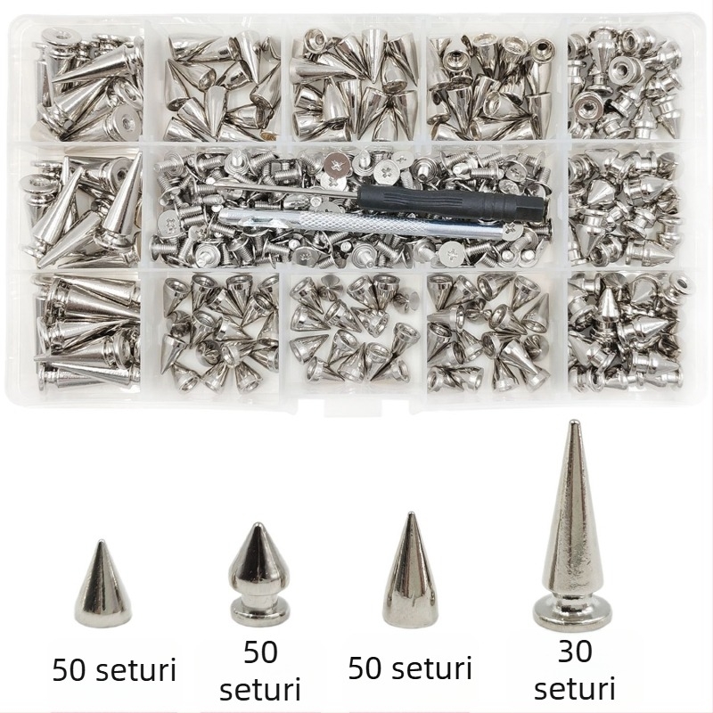 Set de nituri metalice pentru piele — cap bullet, conic, nituri decorative punk pentru paltoane, blugi, pălării, curele și genți (Huafei)