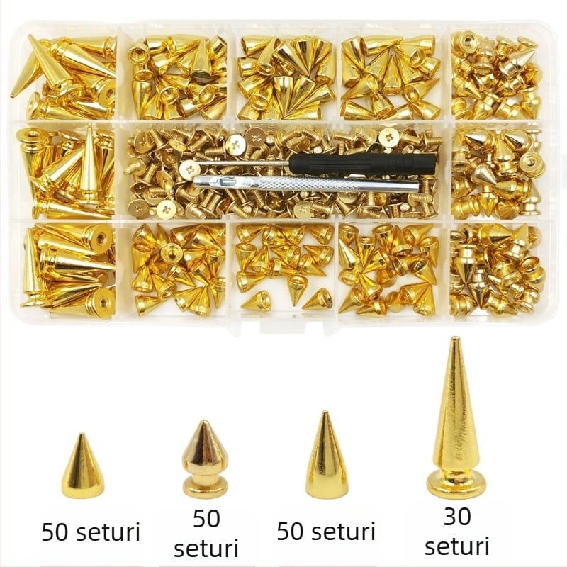 Set de nituri metalice pentru piele — cap bullet, conic, nituri decorative punk pentru paltoane, blugi, pălării, curele și genți (Huafei)