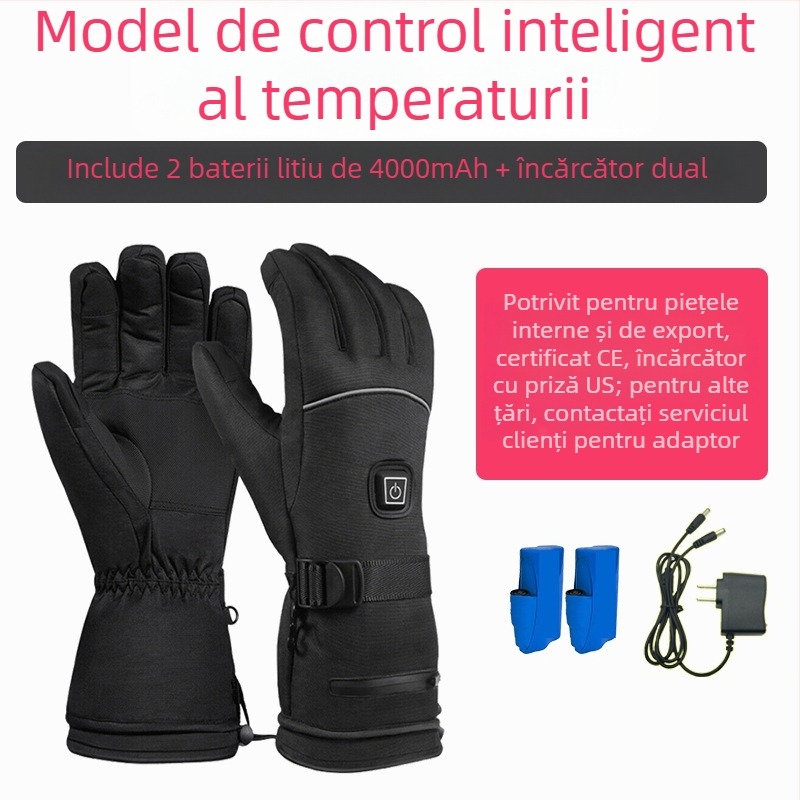Mănuși de schi cu încălzire pe baterie de litiu, încălzire pentru toate degetele și palmă, căptușeală din nailon impermeabil cu bumbac, unisex, adulți