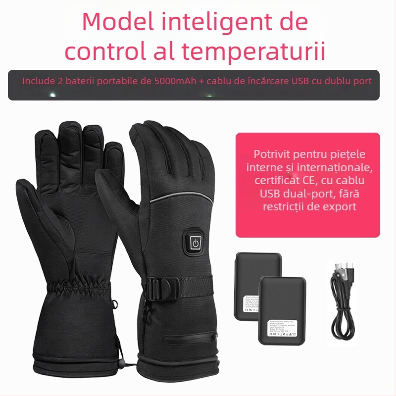 Mănuși de schi cu încălzire pe baterie de litiu, încălzire pentru toate degetele și palmă, căptușeală din nailon impermeabil cu bumbac, unisex, adulți
