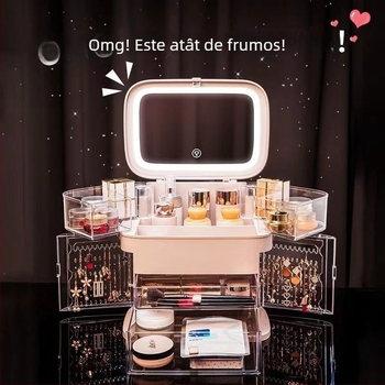 Cutie de depozitare pentru produse de makeup cu oglindă LED și compartiment pentru bijuterii — material ABS, capac glisant, stil japonez, primăvara 2025