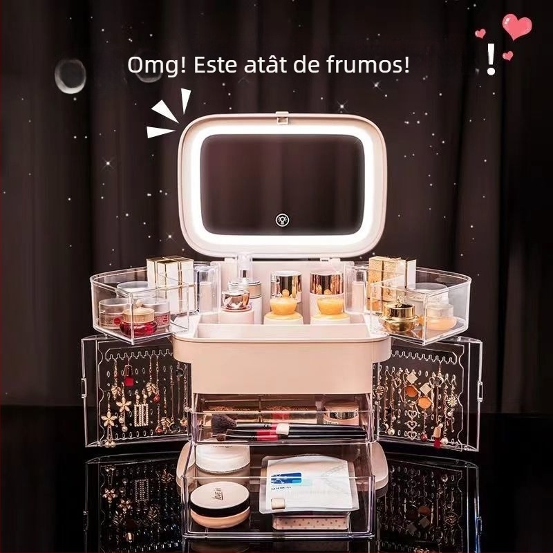 Cutie de depozitare pentru produse de makeup cu oglindă LED și compartiment pentru bijuterii — material ABS, capac glisant, stil japonez, primăvara 2025