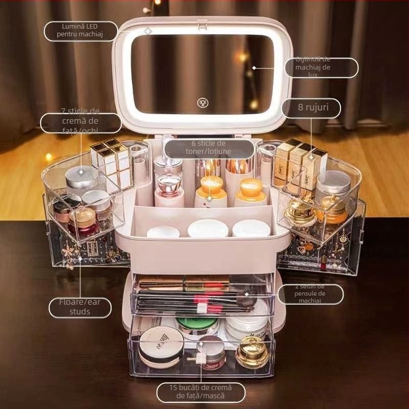 Cutie de depozitare pentru produse de makeup cu oglindă LED și compartiment pentru bijuterii — material ABS, capac glisant, stil japonez, primăvara 2025