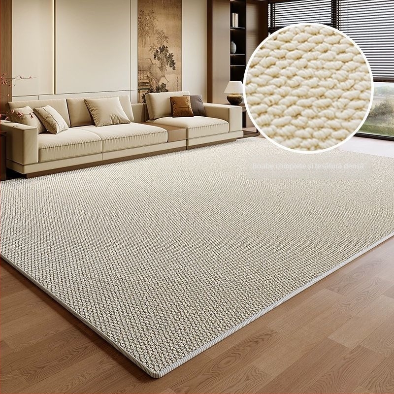 Covor dreptunghiular de podea din poliester, textură imitatie de sisal, rezistent la umezeală și uzură, țesut la mașină