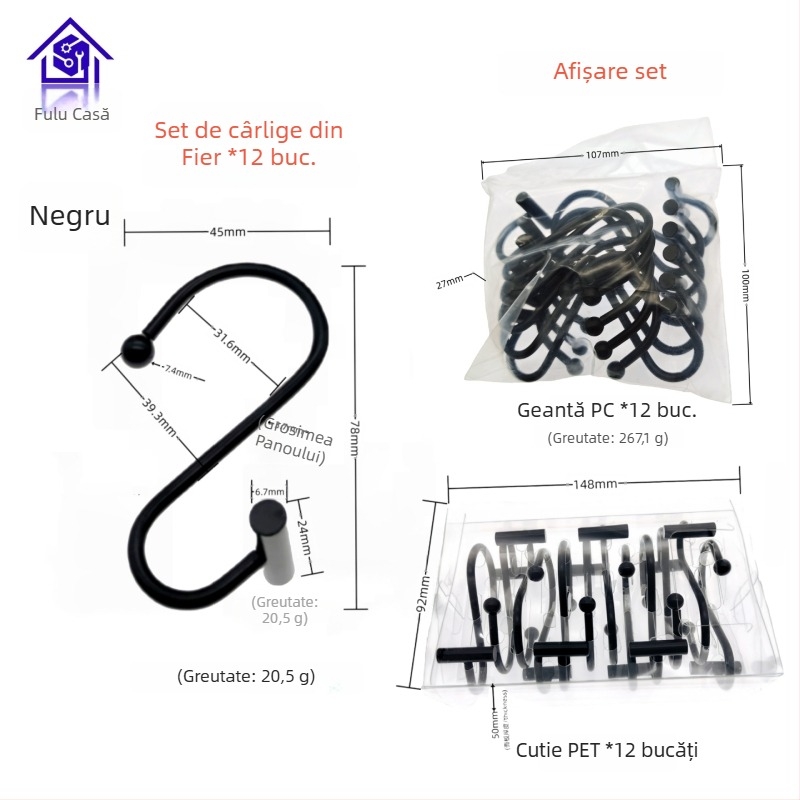 Cârlig metalic pentru perdele, design cilindric în formă T-S, stil modern minimalist, fu'luo