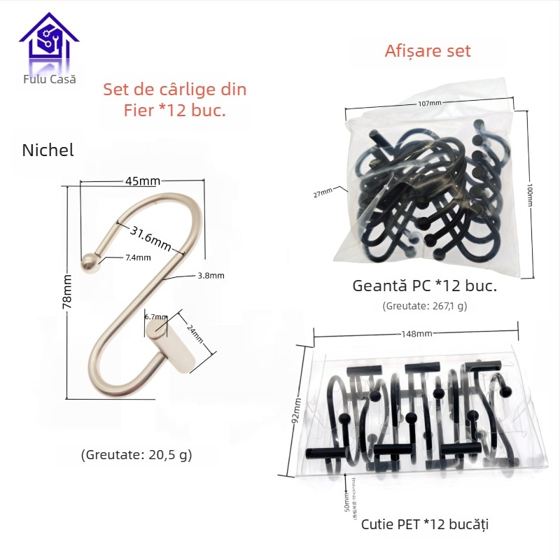 Cârlig metalic pentru perdele, design cilindric în formă T-S, stil modern minimalist, fu'luo